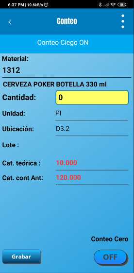 Aplicación móvil mostrando pantalla de captura de cantidad en reconteo, con cantidad teórica y anterior.