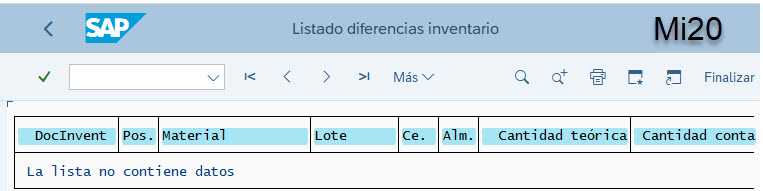 Captura SAP MI20 mostrando que ya no hay entradas para el documento de inventario cerrado.
