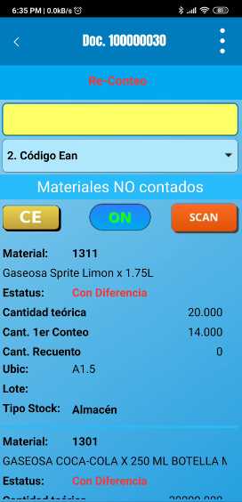 Aplicación móvil mostrando lista de posiciones con diferencia en reconteo.