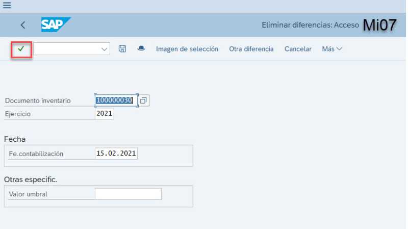 Captura SAP MI07 - Pantalla inicial para contabilizar diferencias y cerrar inventario.