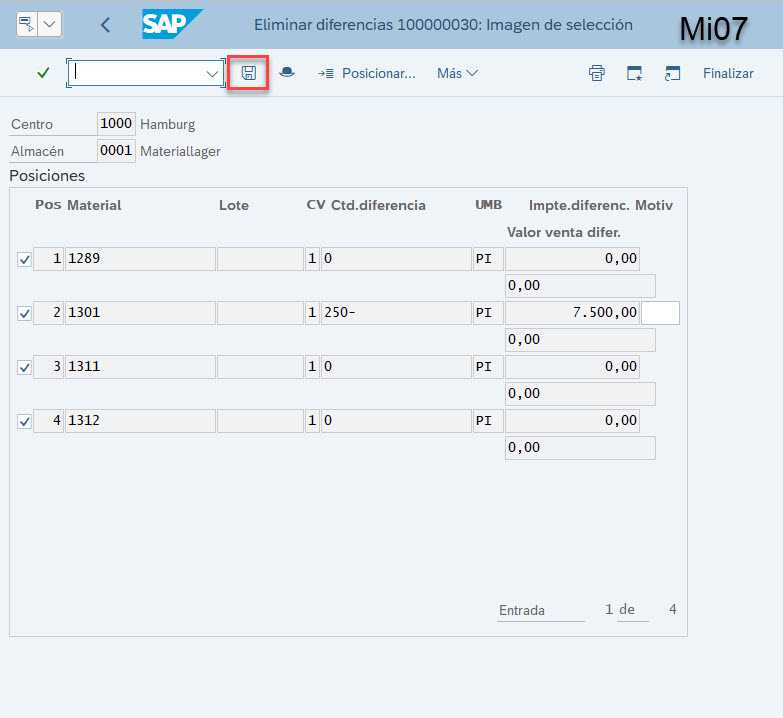 Captura SAP MI07 - Mostrando posiciones y diferencias a eliminar/contabilizar.