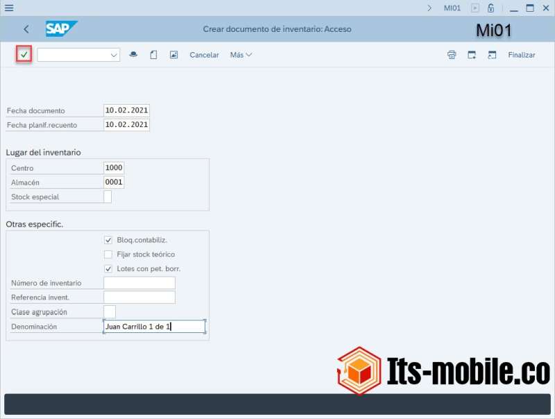 Captura de pantalla SAP MI01 - Creación de documento de inventario, cabecera.