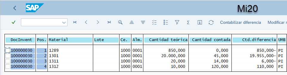 Captura SAP MI20 mostrando diferencias de conteo enviadas desde dispositivo móvil.