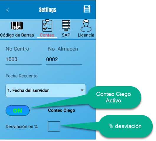 Pantalla de configuración de conteo en la aplicación móvil.