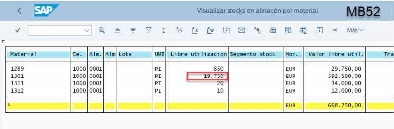 Captura SAP MB52 mostrando inventario actualizado tras aplicar correcciones.