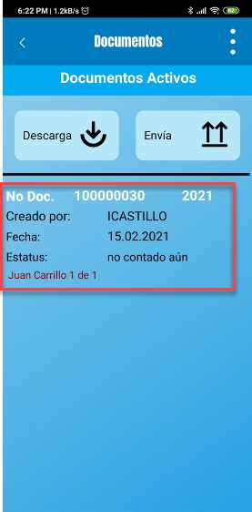 Aplicación mostrando documentos de inventario activos.