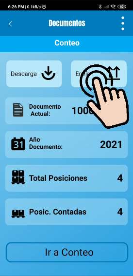 Aplicación móvil mostrando opción para sincronizar conteo físico a SAP.
