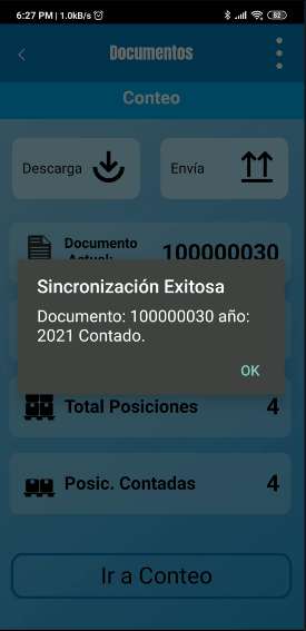 Aplicación móvil confirmando que el conteo físico fue sincronizado.